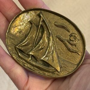 Vintage 1970s Brass Sailboat Nautical Belt Buckle Made in Taiwan Oval Heavy Cast